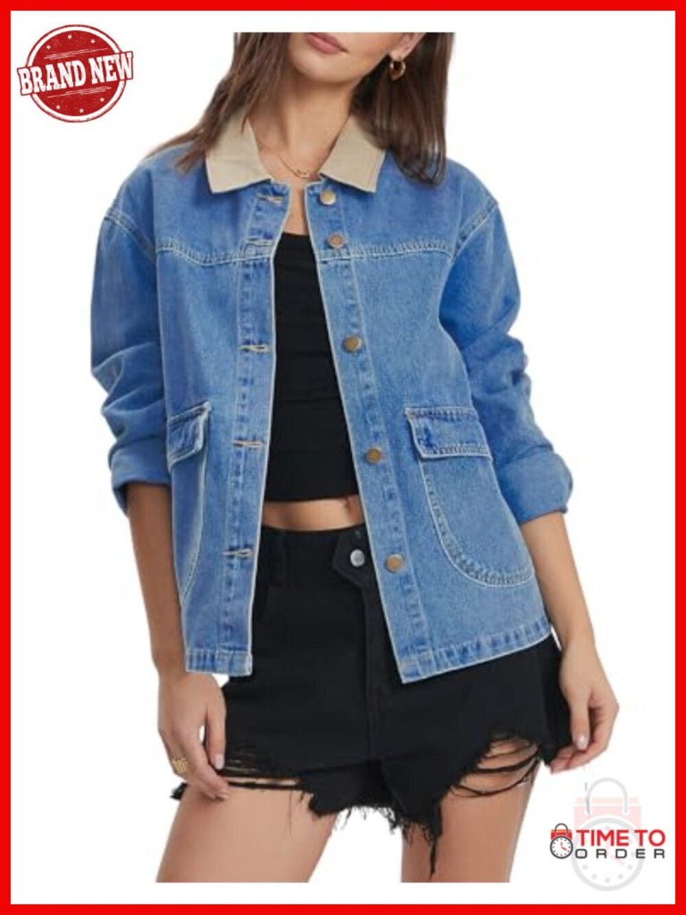 Lightweight Cotton Blend Denim Jean Jacket with Pockets Barn Coat